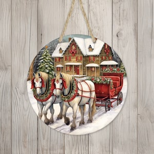 Christmas Horses & Carriage Sign Round Door Hanger Design, Christmas 12 inch Sublimation Design, Sign Round, PNG File, Digital Download