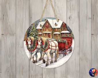 Christmas Horses & Carriage Sign Round Door Hanger Design, Christmas 12 inch Sublimation Design, Sign Round, PNG File, Digital Download