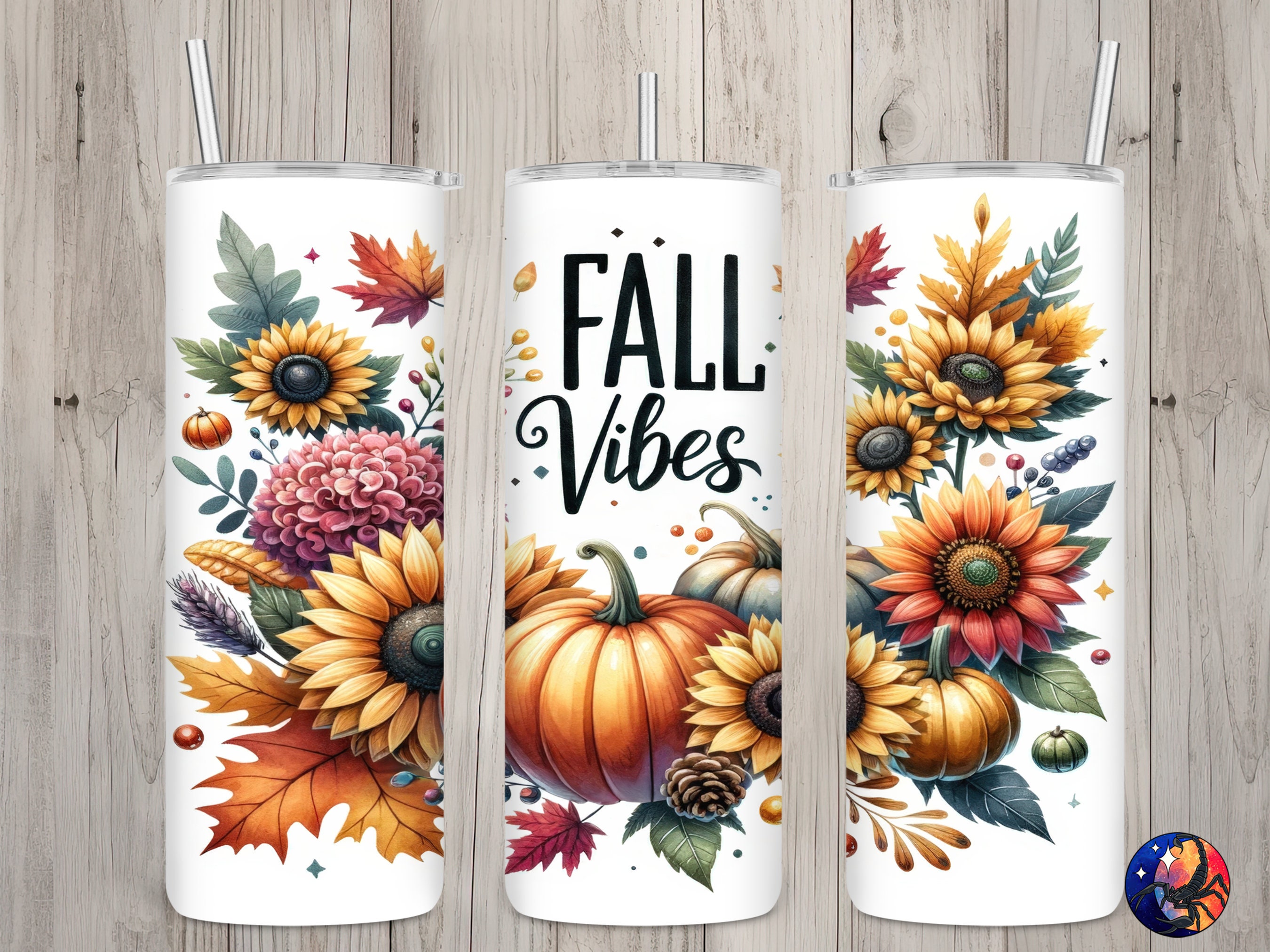 Seamless Fall Vibes Pumpkins & Sunflowers Design, Fall 20 oz Skinny Straight Tumbler Sublimation Design, Tumbler Wrap, PNG Digital Download
