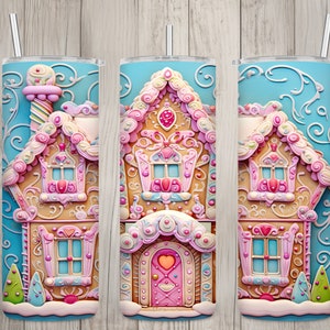 Seamless 3D Pastel Gingerbread House Design, Christmas 20 oz Skinny Straight Tumbler Sublimation Design, Tumbler Wrap, PNG Digital Download