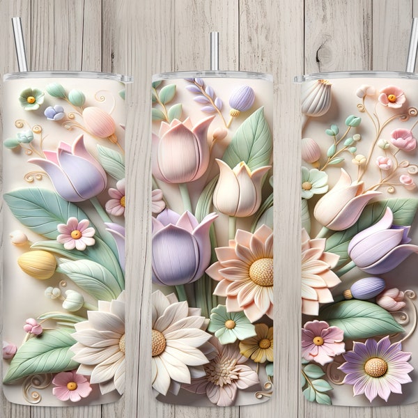 Seamless 3D Pastel Tulips & Daisies Design, Flowers 20 oz Skinny Straight Tumbler Sublimation Design, Tumbler Wrap, PNG Digital Download
