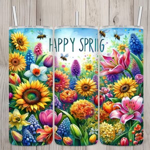 Seamless Happy Spring Flower Patch & Bee Design, Spring 20 oz Skinny Straight Tumbler Sublimation Design, Tumbler Wrap, PNG Digital Download