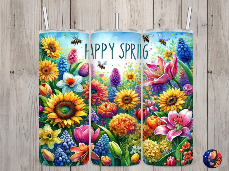 Spring Flowers Patch Seamless Happy Spring Flower Patch & Bee Design, Spring 20 Oz Skinny ...