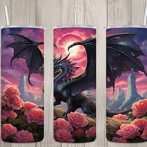 Seamless Black Dragon & Pink Roses Design, Dragon 20 oz Skinny Straight Tumbler Sublimation Design, Tumbler Wrap, PNG Digital Download