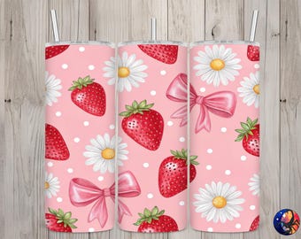 Seamless Cute Strawberry Coquette Bow Daisy Design, Strawberry 20 oz Skinny Straight Tumbler Sublimation, Tumbler Wrap, PNG Digital Download