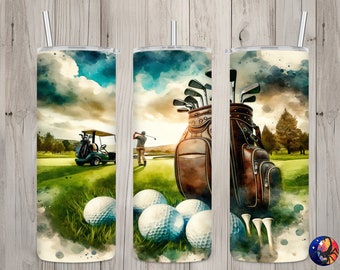 Seamless Textured Canvas Golfer & Landscape Design, Golf 20oz Skinny Straight Tumbler Sublimation Design, Tumbler Wrap, PNG Digital Download