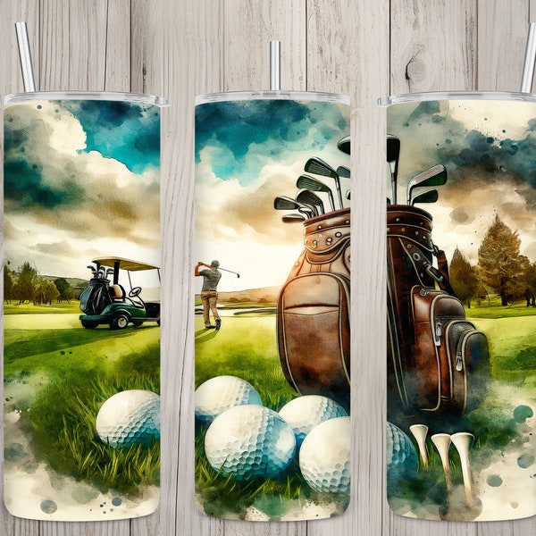 Seamless Textured Canvas Golfer & Landscape Design, Golf 20oz Skinny Straight Tumbler Sublimation Design, Tumbler Wrap, PNG Digital Download