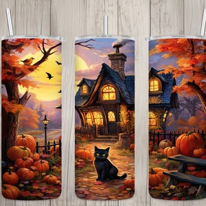 Seamless Fall Cottage & Black Cat Design, Fall 20 oz Skinny Straight Tumbler Sublimation Design, Tumbler Wrap, PNG File, Digital Download