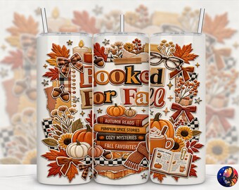 3D Booked For Fall Coquette Book Lover Tumbler Wrap, Autumn Bookish, Seamless 20 oz Skinny Straight Sublimation Design, PNG Digital Download