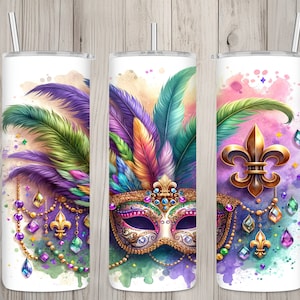 Seamless Mardi Gras Jewel Mask Design, Mardi Gras 20 oz Skinny Straight Tumbler Sublimation Design, Tumbler Wrap, PNG File, Digital Download