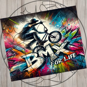 May include: A colorful graphic design with a BMX bike and a rider performing a trick. The design features a graffiti style with bright colors and the words "BMX for Life".