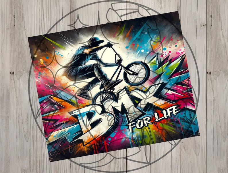 May include: A colorful graphic design with a BMX bike and a rider performing a trick. The design features a graffiti style with bright colors and the words "BMX for Life".