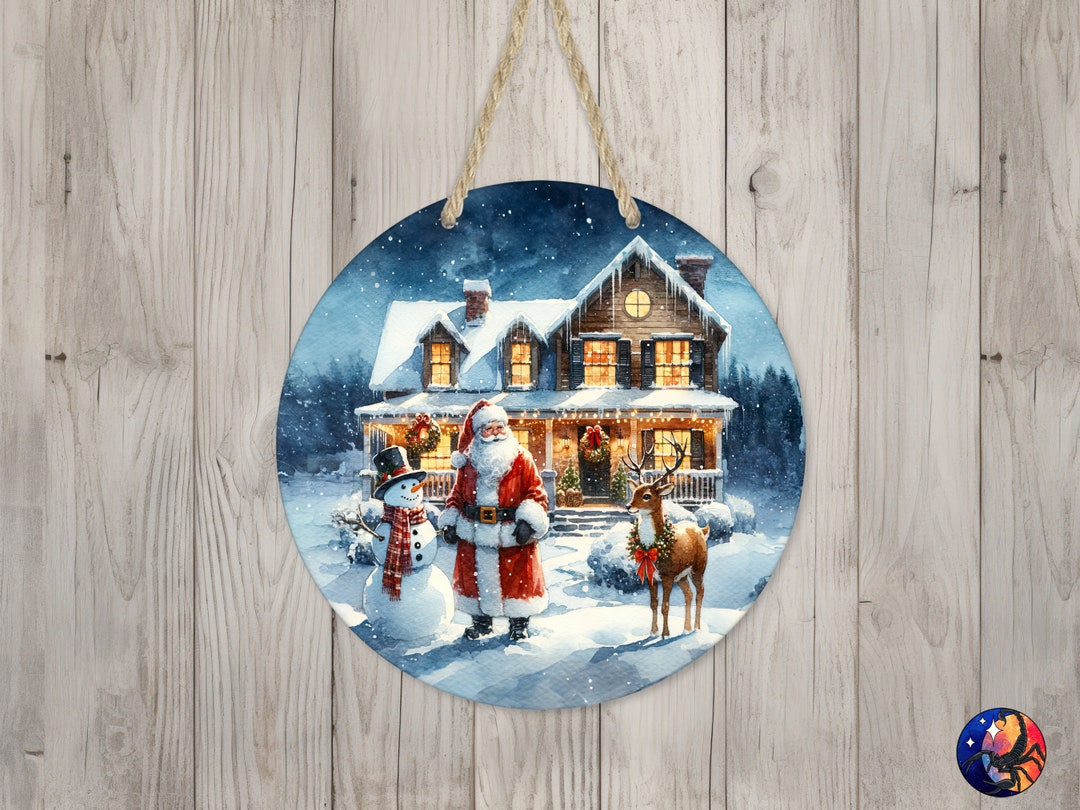 Santa Snowman & Reindeer Sign Round Door Hanger Design, Christmas 12 ...