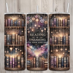Naadloos lezen is dromen Bibliotheek Book Lover Design, boeken 20 oz magere rechte beker sublimatie, bekeromslag, digitale png-download
