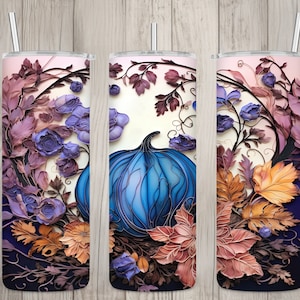 Seamless 3D Blue Pumpkin Floral & Leaves Design, Fall 20 oz Skinny Straight Tumbler Sublimation Design, Tumbler Wrap, PNG Digital Download