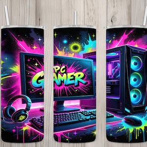 May include: Three colorful, neon-themed tumbler designs featuring a computer, headphones, and a gaming PC tower. The text "PC GAMER" is featured on the middle tumbler.