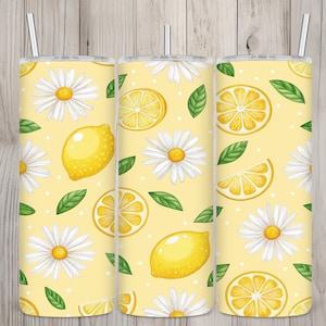 Design fofo e sem emendas com limão, margarida e bolinhas, estampa para copo térmico fino de 590 ml (20 oz), adesivo para copo, download digital em PNG.