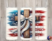 Seamless God Bless America Cross & Coquette Bow Patriotic Design, USA, 20 oz Skinny Straight Tumbler Sublimation Wrap, PNG Digital Download