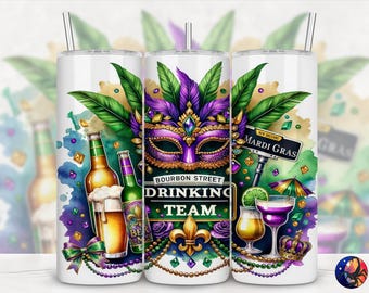 Mardi Gras Bourbon Street Drinking Team Beer & Cocktail Design, Seamless 20oz Skinny Straight Tumbler Sublimation Wrap, PNG Digital Download