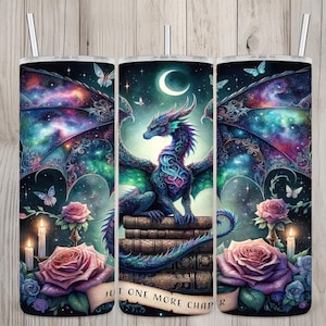 Seamless Just One More Chapter Dragon Book Lover Design, Books 20 oz Skinny Straight Tumbler Sublimation, Tumbler Wrap, PNG Digital Download