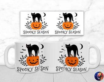 Spooky Season Black Cat Jack O Lantern Pumpkin Mug Wrap PNG, Halloween, 11oz 15oz Coffee Cup Sublimation Design, UV DTF, Digital Download