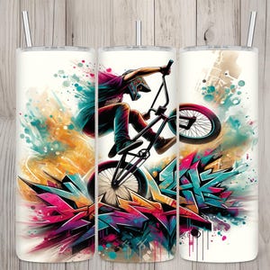 Sömlös Graffiti BMX Racing Rider Design, BMX Motocross 20oz Skinny Straight Tumbler Sublimeringsdesign, Tumbler Wrap, PNG Digital Nedladdning bild 1