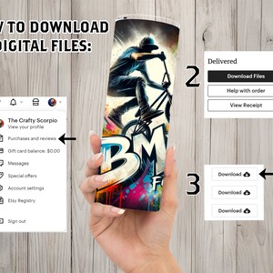 May include: A digital download guide with three steps. Step one shows a screenshot of an Etsy account with the text "The Crafty Scorpio". Step two shows a button that says "Download Files". Step three shows three buttons that say "Download" with a cloud icon.