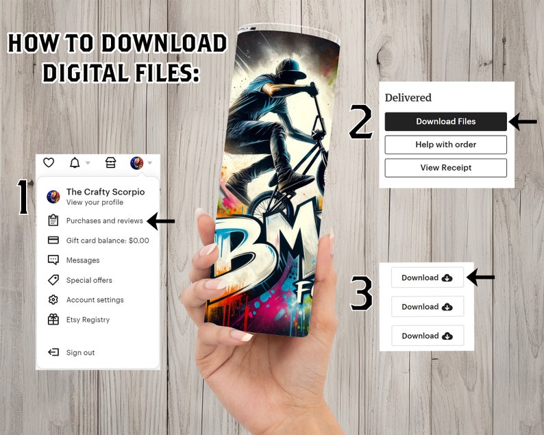 May include: A digital download guide with three steps. Step one shows a screenshot of an Etsy account with the text "The Crafty Scorpio". Step two shows a button that says "Download Files". Step three shows three buttons that say "Download" with a cloud icon.