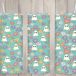 Nahtlose Retro Pastell Geist & Gänseblümchen Muster, Halloween 20 Unze Skinny Straight Tumbler Sublimation Design, Tumbler Wrap, PNG Digital Download