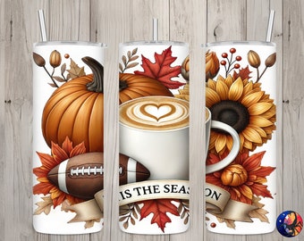 Seamless Tis The Season Pumpkin & Football Design, Fall 20 oz Skinny Straight Tumbler Sublimation Design, Tumbler Wrap, PNG Digital Download