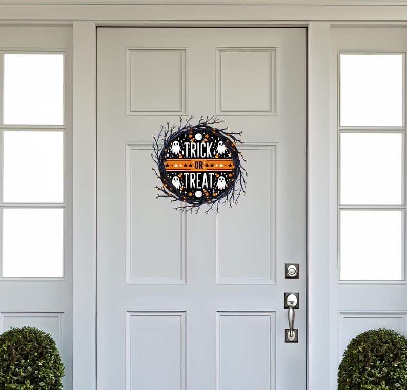 Trick or Treat Ghost & Candy Corn Sign Round Door Hanger Design ...