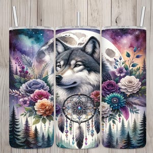 Design floral Boho sem costura com lobo e apanhador de sonhos, estampa por sublimação para copo térmico Boho de 590 ml (20 oz), adesivo para copo térmico, download digital em PNG.