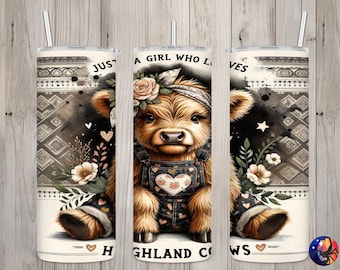 Nahtlose rustikale Boho Nur ein Mädchen, das Highland Kühe Design liebt, Kuh 20 Unze Skinny Straight Tumbler Sublimation Wrap, PNG Digital Download