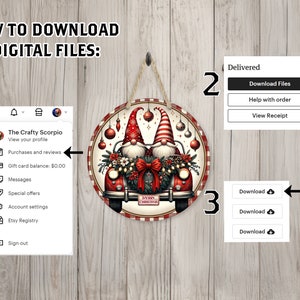 May include: A round Christmas sign featuring two gnomes in red hats and a red truck with a "Merry Christmas" banner. The sign has a red and white checkered border and is hanging by a jute rope. The image also shows instructions on how to download digital files.