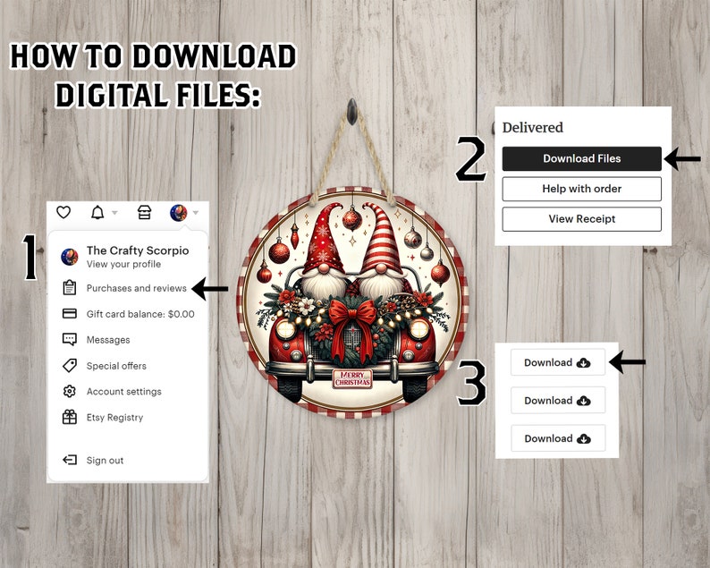 May include: A round Christmas sign featuring two gnomes in red hats and a red truck with a "Merry Christmas" banner. The sign has a red and white checkered border and is hanging by a jute rope. The image also shows instructions on how to download digital files.