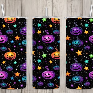 Nahtloses Neon Jack O Lantern Muster, Halloween 20 Unzen Skinny Straight Tumbler Sublimationsdesign, Tumbler Wrap, PNG Datei, digitaler Download