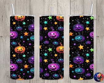Modello senza cuciture al neon Jack O Lantern, Halloween 20 oz Skinny Straight Tumbler Design a sublimazione, Tumbler Wrap, File PNG, Download digitale