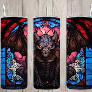 Seamless Stained Glass Gargoyle Design, Halloween 20 oz Skinny Straight Tumbler Sublimation Design, Tumbler Wrap, PNG File, Digital Download