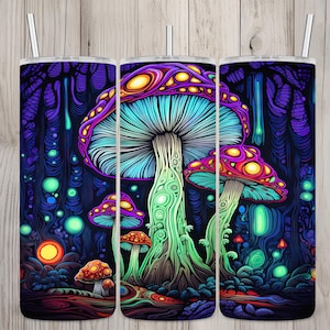 Sömlös neonsvart ljus svampdesign, svampar 20 oz smal rak tumbler sublimeringsdesign, tumblerwrap, PNG digital nedladdning