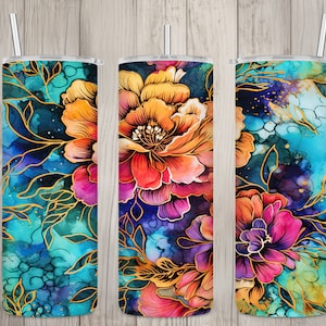 Seamless Alcohol Ink Tropical Floral Design, Flowers 20 oz Skinny Straight Tumbler Sublimation Design, Tumbler Wrap, PNG Digital Download