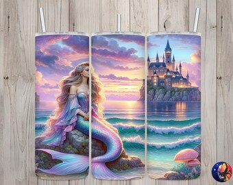 Seamless Pastel Mermaid & Castle Design, Mermaid 20 oz Skinny Straight Tumbler Sublimation Design, Tumbler Wrap, PNG File, Digital Download