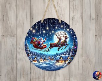 Santa Claus & Flying Reindeer Sign Round Door Hanger Design, Christmas 12 inch Sublimation Design, Sign Round, PNG File, Digital Download