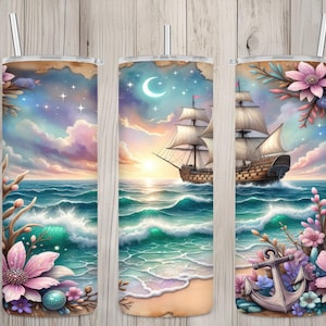 Seamless Celestial Fantasy Sailing Ship Beach & Ocean Design, Nautical 20 oz Skinny Straight Tumbler Sublimation Wrap, PNG Digital Download