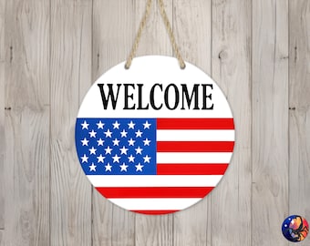 Letrero redondo de bienvenida con bandera estadounidense patriótica, diseño de sublimación de 30 cm, archivo PNG, descarga digital.
