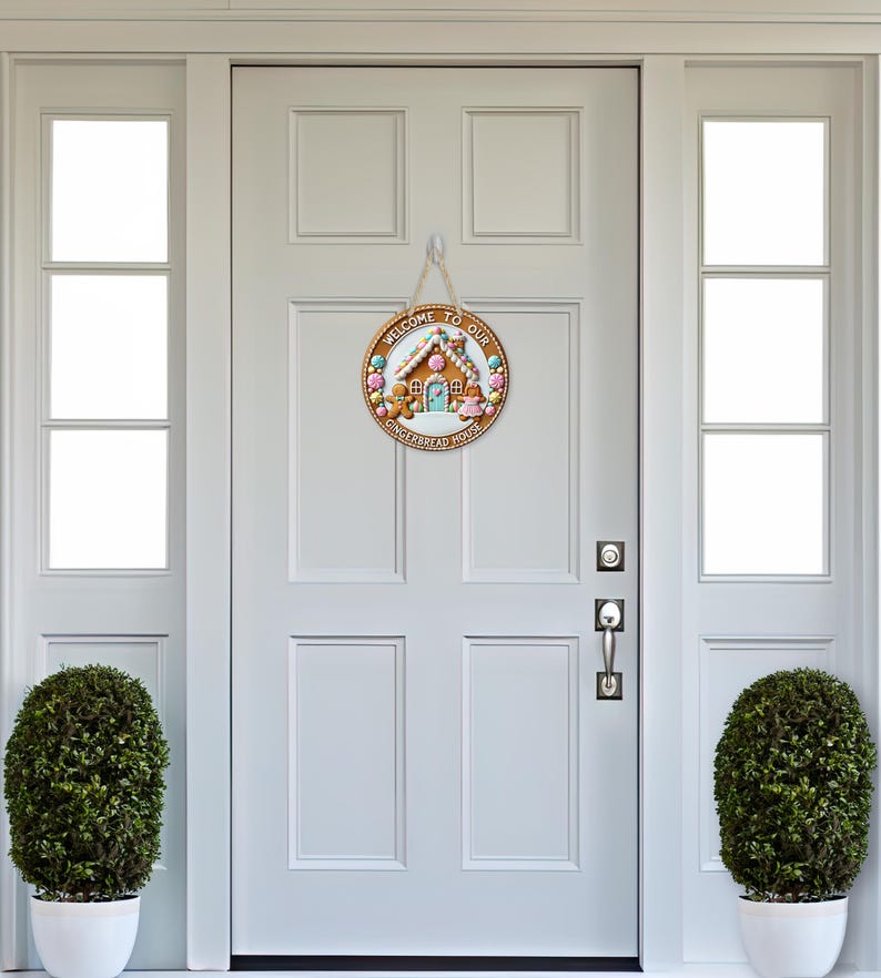 Pastel Welcome to Our Gingerbread House Sign Round Door Hanger Design ...
