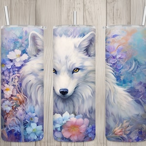 Seamless White Arctic Fox & Floral Design, Fox 20 oz Skinny Straight Tumbler Sublimation Design, Tumbler Wrap, PNG File, Digital Download image 1