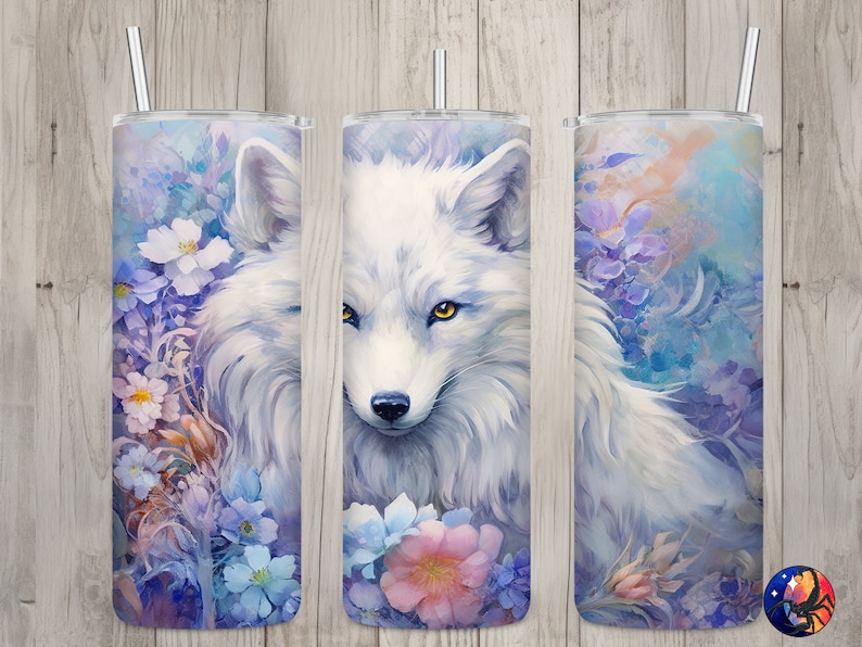 Seamless White Arctic Fox & Floral Design, Fox 20 oz Skinny Straight Tumbler Sublimation Design, Tumbler Wrap, PNG File, Digital Download image 1