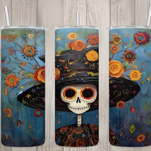 Seamless Abstract Day of the Dead Design, Sugar Skull 20 oz Skinny Straight Tumbler Sublimation Design, Tumbler Wrap, PNG Digital Download