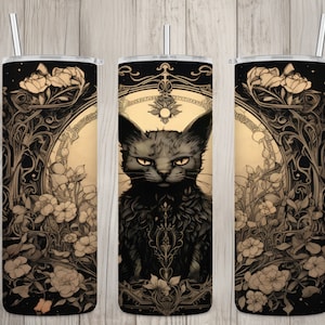 Seamless Gothic Black Cat Floral Design, Halloween 20oz Skinny Straight Tumbler Sublimation Design, Tumbler Wrap, PNG File, Digital Download