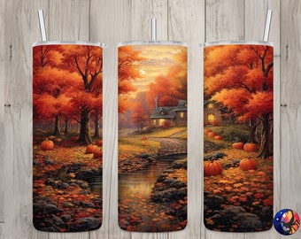 Seamless Cottage & Fall Landscape Design, Fall 20 oz Skinny Straight Tumbler Sublimation Design, Tumbler Wrap, PNG File, Digital Download